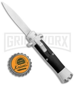 Enzo Stiletto Mini Black W/ Silver Bolsters OTF Automatic Knife - Satin Plain -Best Knife Shop Stiletto Mini Black Silver Bolsters DA OTF Auto Satin GX 37640 jr bottlecap large