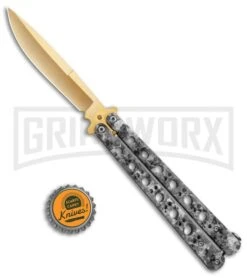 Stone Pattern Balisong Butterfly Knife (4.25" Gold) -Best Knife Shop Stone Pattern Balisong Butterfly Gold GX 37520 jr bottlecap large