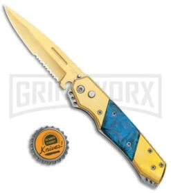 Super Knife Croc Automatic Knife Gold W/ Blue Inlay - Gold Serr -Best Knife Shop Super Knife Croc Auto Stainless Gold Blue Serr GX 35767 jr bottlecap large