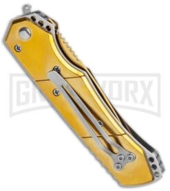 Super Knife Croc Automatic Knife Gold W/ Blue Inlay - Gold Serr -Best Knife Shop Super Knife Croc Auto Stainless Gold Blue Serr GX 35767 jr side large