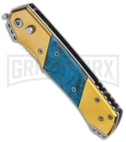 Super Knife Croc Automatic Knife Gold W/ Blue Inlay - Gold Serr -Best Knife Shop Super Knife Croc Auto Stainless Gold Blue Serr GX 35767 jr spine large