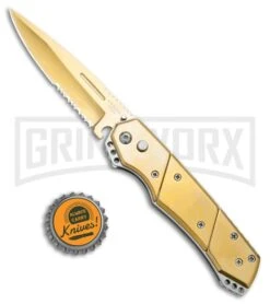 Super Knife Croc Automatic Knife Stainless Gold W/ Gold Inlay - Gold Serr 8 Super Knife Croc Automatic Knife Stainless Gold W/ Gold Inlay - Gold Serr -Best Knife Shop Super Knife Croc Auto Stainless Gold Gold Inlay Gold Serr GX 34967 jr bottlecap large
