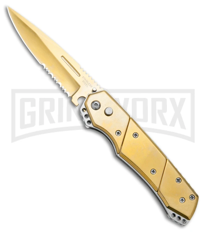 Super Knife Croc Automatic Knife Stainless Gold W/ Gold Inlay - Gold Serr 2 Super Knife Croc Automatic Knife Stainless Gold W/ Gold Inlay - Gold Serr