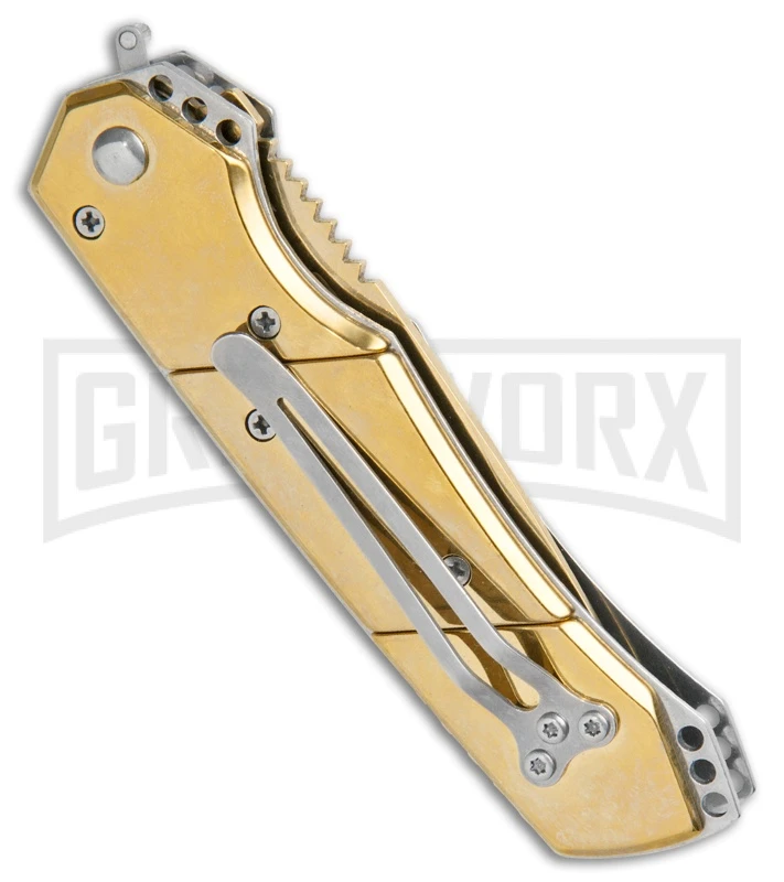 Super Knife Croc Automatic Knife Stainless Gold W/ Gold Inlay - Gold Serr 4 Super Knife Croc Automatic Knife Stainless Gold W/ Gold Inlay - Gold Serr - Image 3