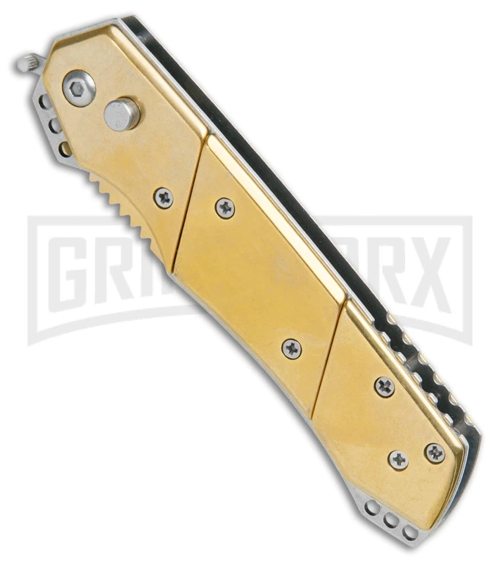 Super Knife Croc Automatic Knife Stainless Gold W/ Gold Inlay - Gold Serr 3 Super Knife Croc Automatic Knife Stainless Gold W/ Gold Inlay - Gold Serr - Image 2