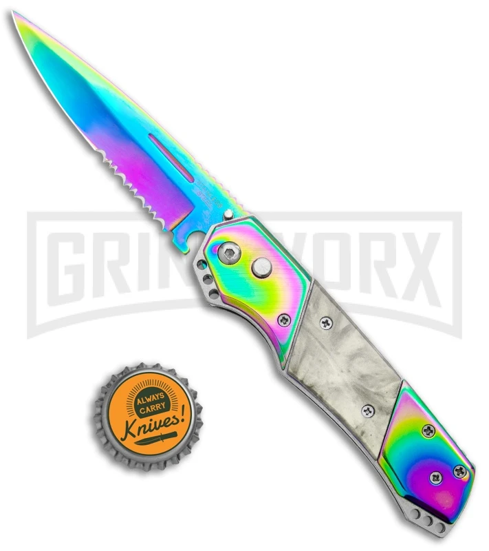 Super Knife Croc Automatic Knife Stainless Rainbow W/ White Inlay - Rainbow Serr 6 Super Knife Croc Automatic Knife Stainless Rainbow W/ White Inlay - Rainbow Serr - Image 4