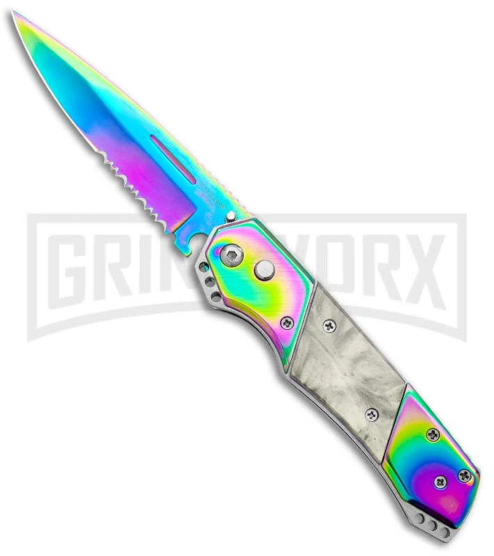Super Knife Croc Automatic Knife Stainless Rainbow W/ White Inlay - Rainbow Serr 3 Super Knife Croc Automatic Knife Stainless Rainbow W/ White Inlay - Rainbow Serr