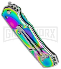 Super Knife Croc Automatic Knife Stainless Rainbow W/ White Inlay - Rainbow Serr 8 Super Knife Croc Automatic Knife Stainless Rainbow W/ White Inlay - Rainbow Serr -Best Knife Shop Super Knife Croc Auto Stainless Rainbow White Spectrum Serr GX 35780 jr side large