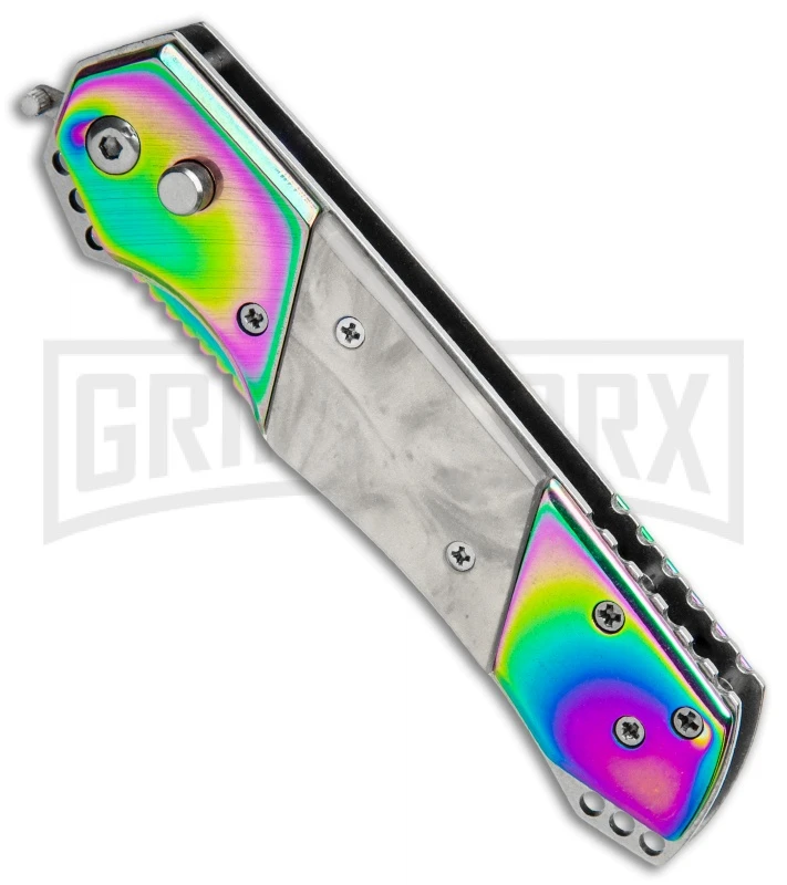 Super Knife Croc Automatic Knife Stainless Rainbow W/ White Inlay - Rainbow Serr 4 Super Knife Croc Automatic Knife Stainless Rainbow W/ White Inlay - Rainbow Serr - Image 2