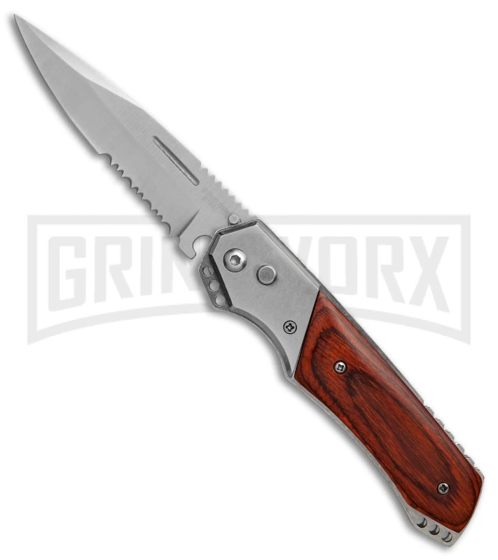 Super Knife Croc Automatic Knife Stainless W/ Rosewood Inlay - Satin Serr 3 Super Knife Croc Automatic Knife Stainless W/ Rosewood Inlay - Satin Serr