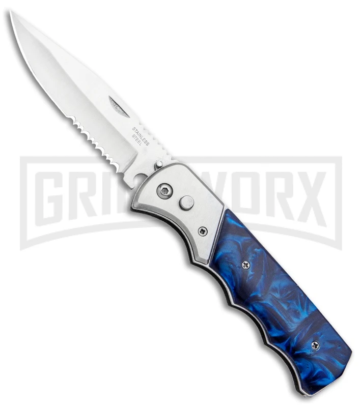 Super Knife Dingo Blue Marble Acrylic Automatic Knife - Satin Serr 3 Super Knife Dingo Blue Marble Acrylic Automatic Knife - Satin Serr