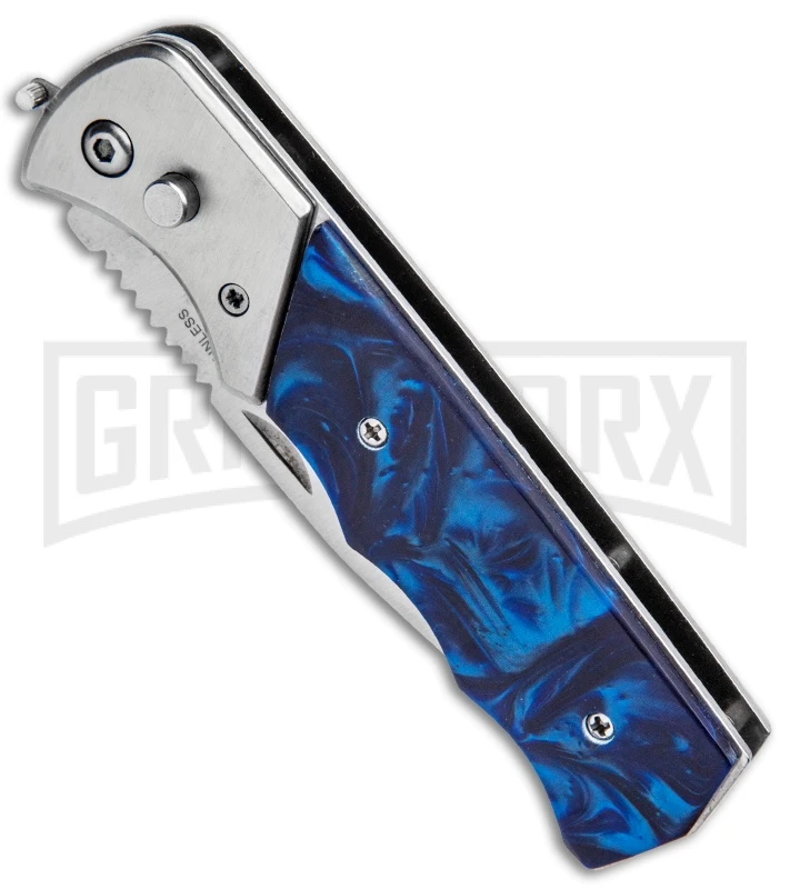 Super Knife Dingo Blue Marble Acrylic Automatic Knife - Satin Serr 4 Super Knife Dingo Blue Marble Acrylic Automatic Knife - Satin Serr - Image 2