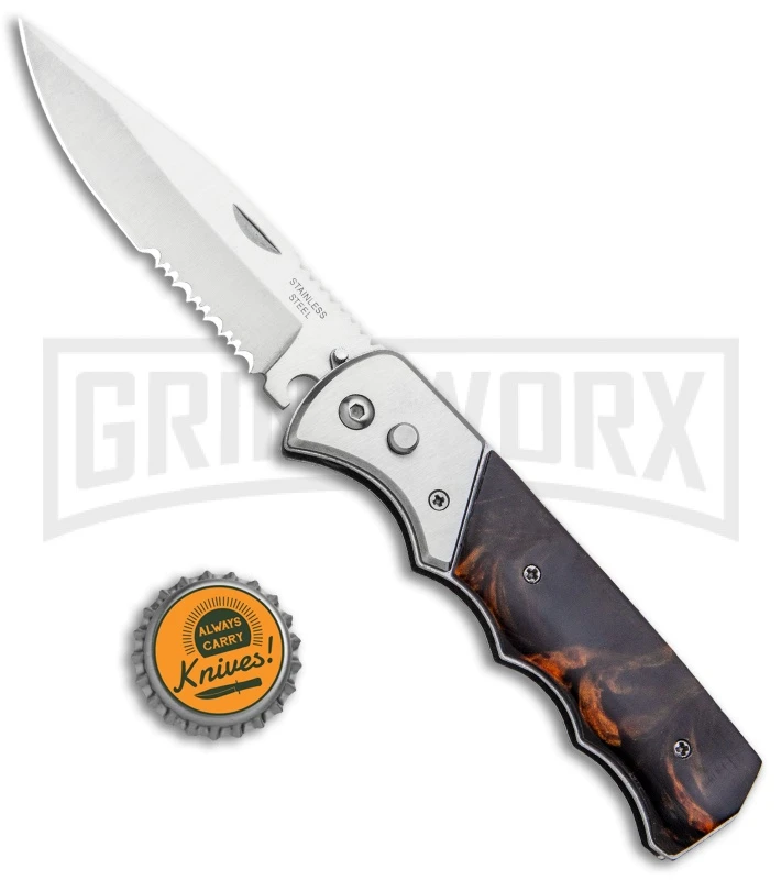 Super Knife Dingo Brown Marble Acrylic Automatic Knife - Satin Serr 6 Super Knife Dingo Brown Marble Acrylic Automatic Knife - Satin Serr - Image 4