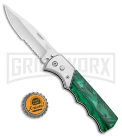 Super Knife Dingo Green Acrylic Automatic Knife - Satin Serr -Best Knife Shop Super Knife Dingo Green Acrylic Automatic Knife Satin Serrated GX 33704 ns bottlecap large