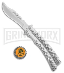 Swift 9" Silver Persian Balisong Coated Butterfly Knife - Polished -Best Knife Shop Swift Silver Persian Balisong Coated Butterfly Satin GX 39595 jr bottlecap large
