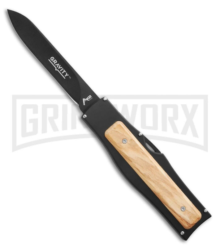 AKC Gravit-E Black/Wood Manual OTF Knife - Black Plain 3 AKC Gravit-E Black/Wood Manual OTF Knife - Black Plain