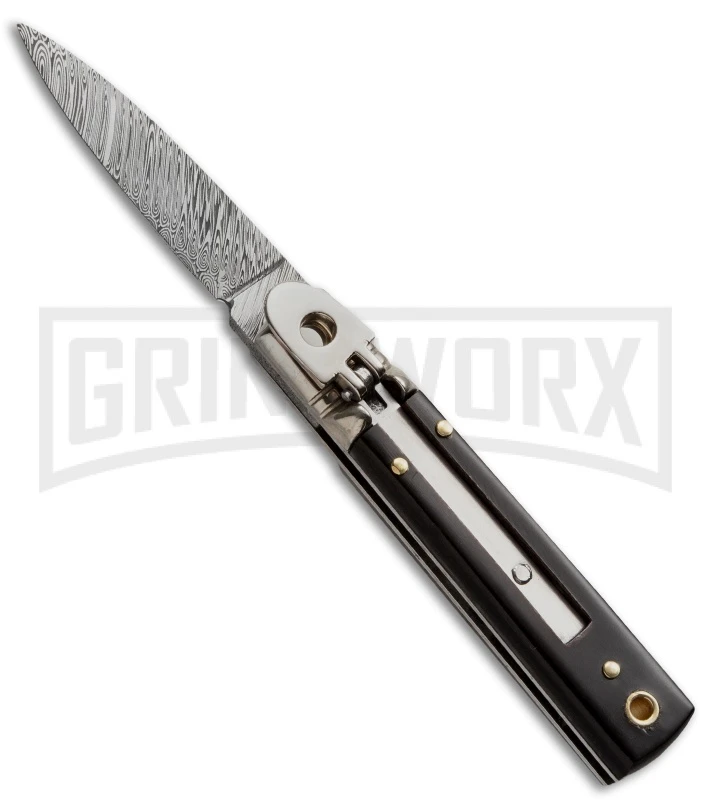 AKC Classic 6" Lever Lock Dark Horn Automatic Knife - Damascus Plain 3 AKC Classic 6" Lever Lock Dark Horn Automatic Knife - Damascus Plain