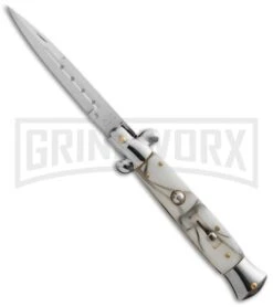 9" Anomaly Stiletto White Marble Automatic Knife - Bayonet