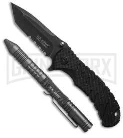 Master Cutlery US Army Black Spring Assisted Knife & Gray Pen - Tanto Serr
