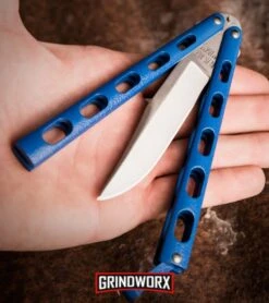 Bear And Son Knives 114 Blue Balisong Butterfly Knife - Satin Plain 4TH18 -Best Knife Shop bear and son butterfly knife blue zinc bp large