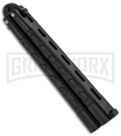 Black Jaguar Balisong Butterfly Knife - Black Serr -Best Knife Shop blade play jaguar butterfly knives serr black w332 bk side large