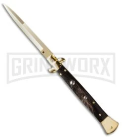 Frank B. 11" Italian Stiletto Dark Horn Automatic Knife - Gold Bayonet