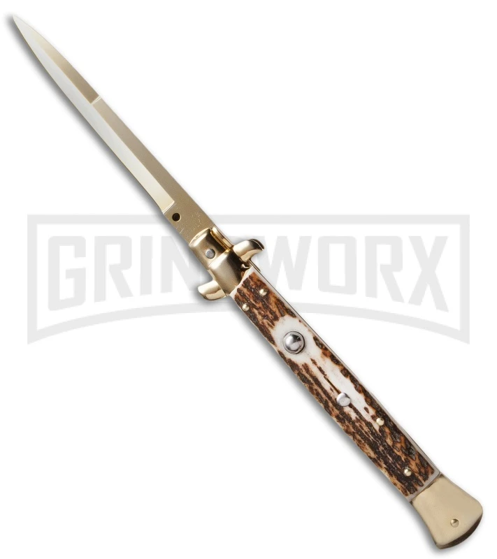 Frank B. 11" Italian Stiletto Stag Automatic Knife - Gold Bayonet 3 Frank B. 11" Italian Stiletto Stag Automatic Knife - Gold Bayonet