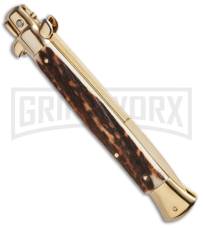 Frank B. 11" Italian Stiletto Stag Automatic Knife - Gold Bayonet 4 Frank B. 11" Italian Stiletto Stag Automatic Knife - Gold Bayonet - Image 2