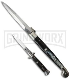 A.G.A. Campolin 12" Dark Horn Sicilian RIng Pull Automatic Knife - Bayonet -Best Knife Shop ltd sicilian ring dark bayo 6in dark horn stiletto flat sizes large