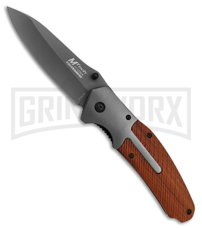 M-Tech Evolution Timber Lust Brown Wood Spring Assisted Knife - Gray Plain 3 M-Tech Evolution Timber Lust Brown Wood Spring Assisted Knife - Gray Plain