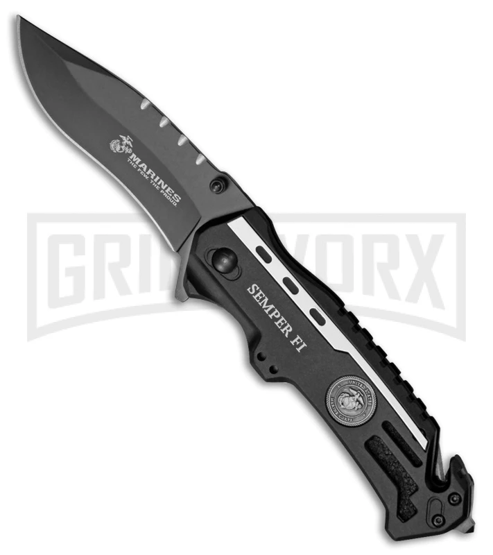 M-Tech USMC Semper Fi Drop Point Black Aluminum Spring Assisted Knife - Black 3 M-Tech USMC Semper Fi Drop Point Black Aluminum Spring Assisted Knife - Black