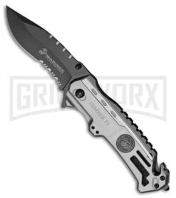M-Tech USMC Semper Fi Drop Point Gray Aluminum Spring Assisted Knife - Black