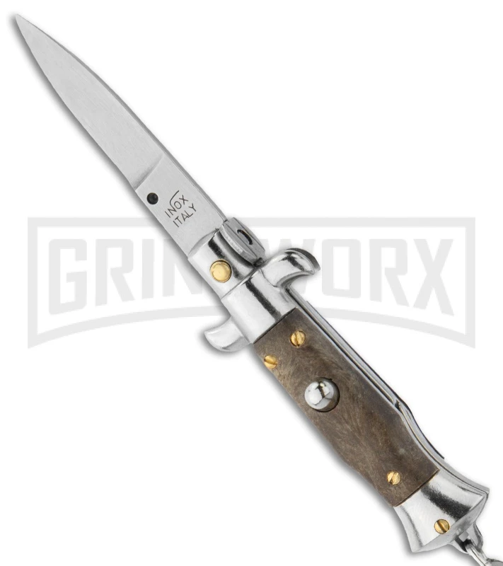 SKM 4" Italian Stiletto Simulated Wood Automatic Knife Keychain - Flat Grind 3 SKM 4" Italian Stiletto Simulated Wood Automatic Knife Keychain - Flat Grind