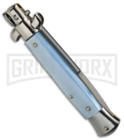 SKM 9" Light Blue Pearlex Automatic Stiletto Knife - Satin Flat -Best Knife Shop skm 9in light blue bayo side cm large