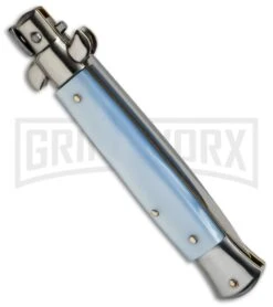 SKM 9" Light Blue Pearlex Automatic Stiletto Knife - Satin Flat -Best Knife Shop skm 9in light blue flat side cm large